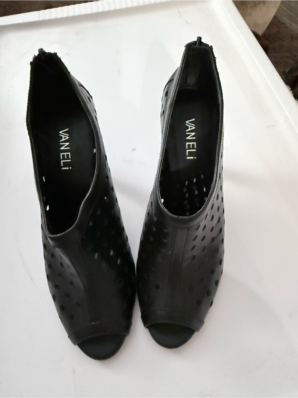 Vaneli Black Perforated Peep-Toe Heeled Booties